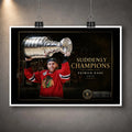 Unframed Patrick Kane hockey wall art showing the Suddenly Champions 2015 design hanging with clips against a dark wall.