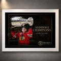 White framed Patrick Kane hockey wall art featuring the Suddenly Champions 2015 design against a dark presentation background.