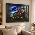 Tempted Conquering Everest framed collector edition mounted above a cream sofa in a bright living room