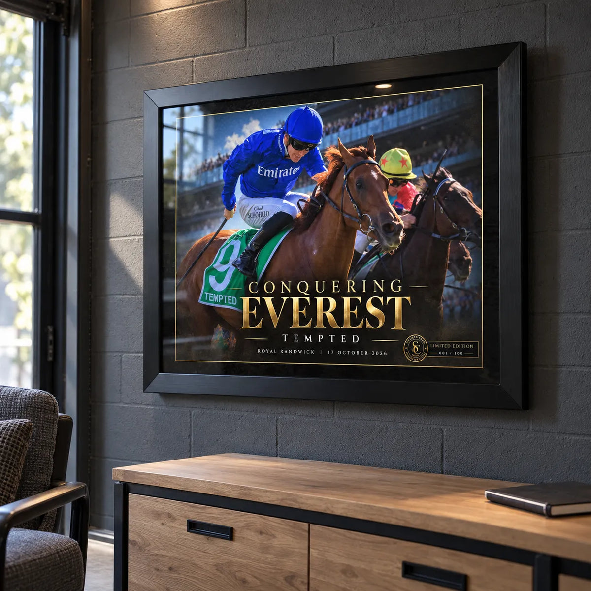 Tempted Conquering Everest framed horse racing edition displayed on a charcoal feature wall in a collector's man cave
