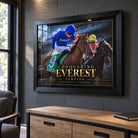 Tempted Conquering Everest framed horse racing edition displayed on a charcoal feature wall in a collector's man cave