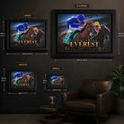 Tempted Conquering Everest framed print size comparison showing Small, Medium, Large and Extra Large dimensions