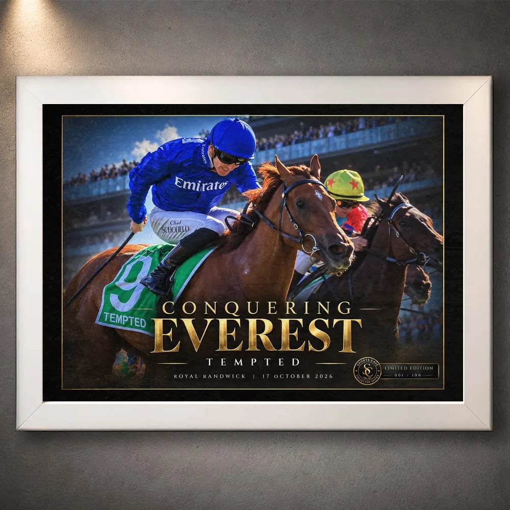 Tempted Conquering Everest horse racing collector edition in a white frame with gold edition typography