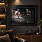 Ten Minutes To History hockey wall art displayed in a dark man cave with warm shelf lighting and a black frame.