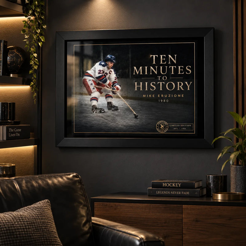 Ten Minutes To History hockey wall art displayed in a dark man cave with warm shelf lighting and a black frame.