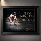 Black framed Ten Minutes To History hockey wall art featuring Mike Eruzion in the 1980 collector design.
