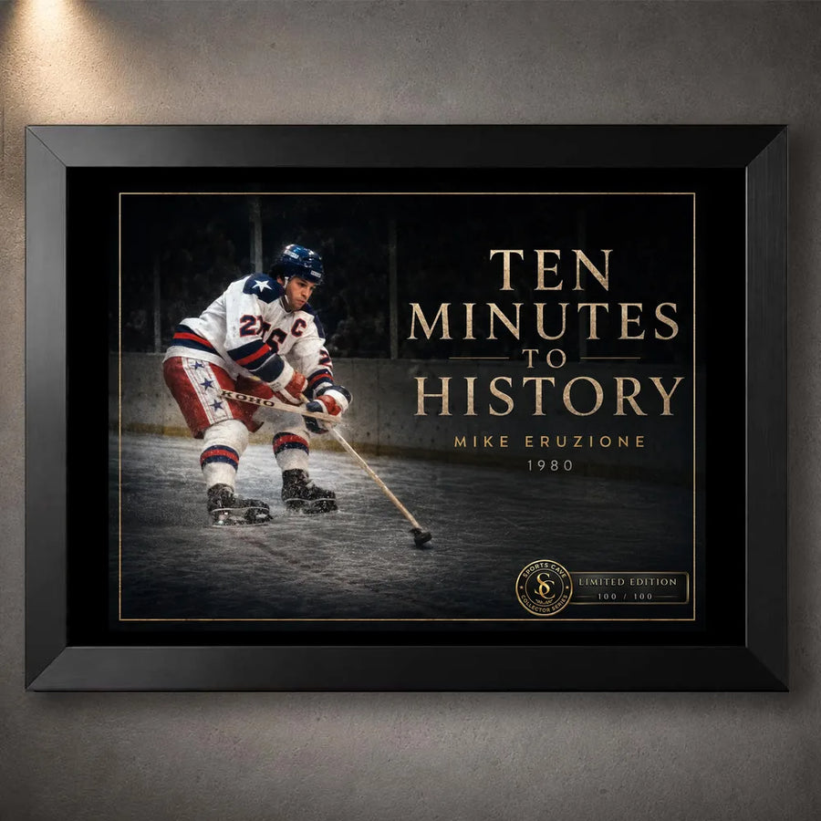 Black framed Ten Minutes To History hockey wall art featuring Mike Eruzion in the 1980 collector design.