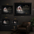 Ten Minutes To History hockey wall art size guide showing XL, L, M and S framed dimensions in centimetres and inches.