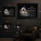 Ten Minutes To History hockey wall art size guide showing XL, L, M and S framed dimensions in centimetres and inches.