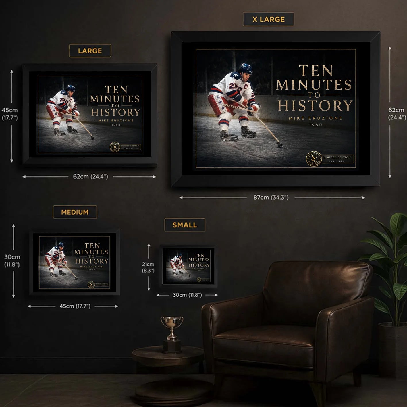 Ten Minutes To History hockey wall art size guide showing XL, L, M and S framed dimensions in centimetres and inches.