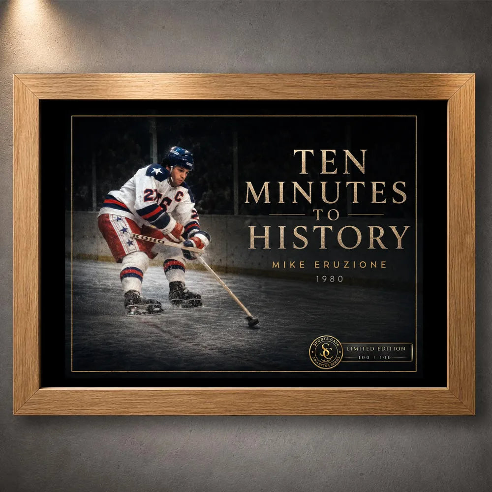 Oak framed Ten Minutes To History hockey wall art featuring Mike Eruzion in the 1980 collector design.
