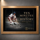 Oak framed Ten Minutes To History hockey wall art featuring Mike Eruzion in the 1980 collector design.