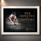 White framed Ten Minutes To History hockey wall art featuring Mike Eruzion in the 1980 collector design.