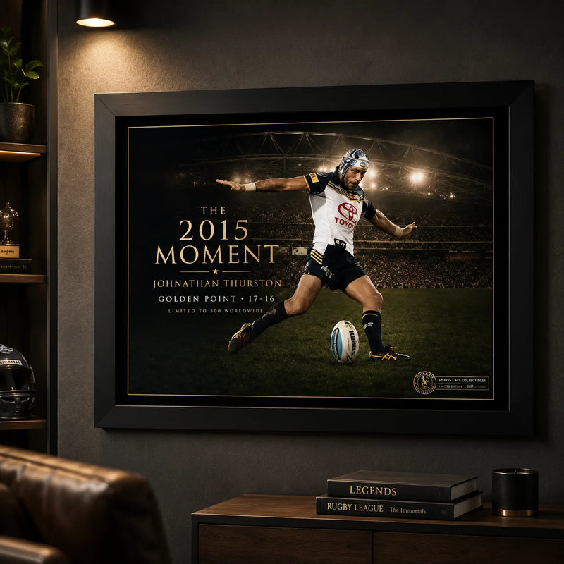 Jonathan Thurston wall art displayed in a dark man cave, with the black framed 2015 golden-point design as the focal piece.