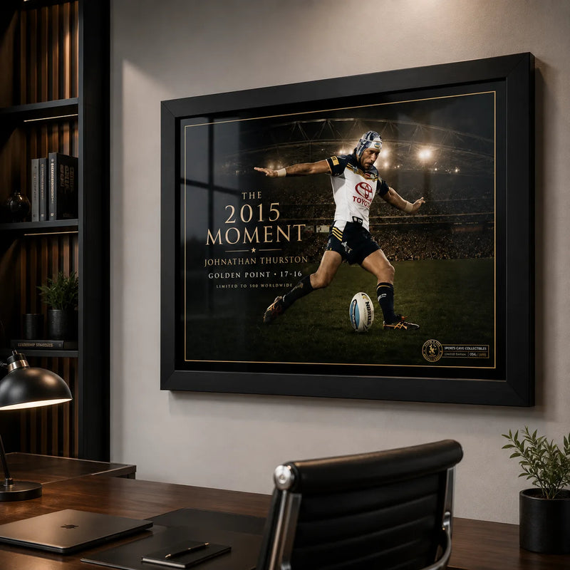Jonathan Thurston wall art in a modern office, showing the black framed 2015 golden-point collector design above a desk.
