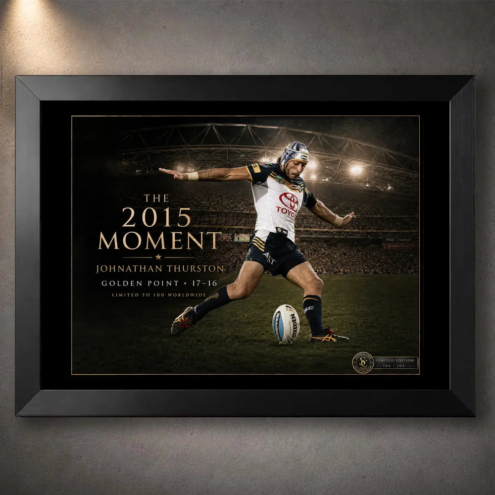 Black framed Jonathan Thurston rugby league wall art featuring The 2015 Moment golden-point kick in a stadium setting.
