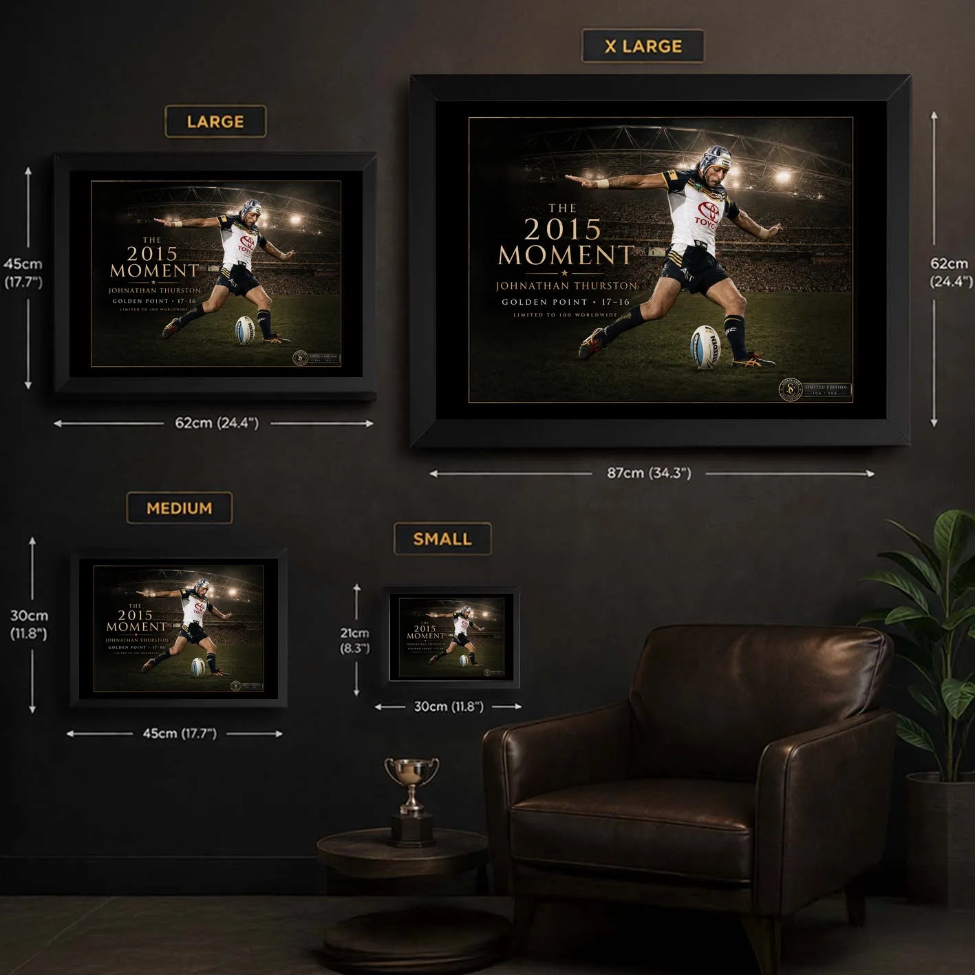 Jonathan Thurston wall art size guide showing the available framed dimensions from small through extra large.