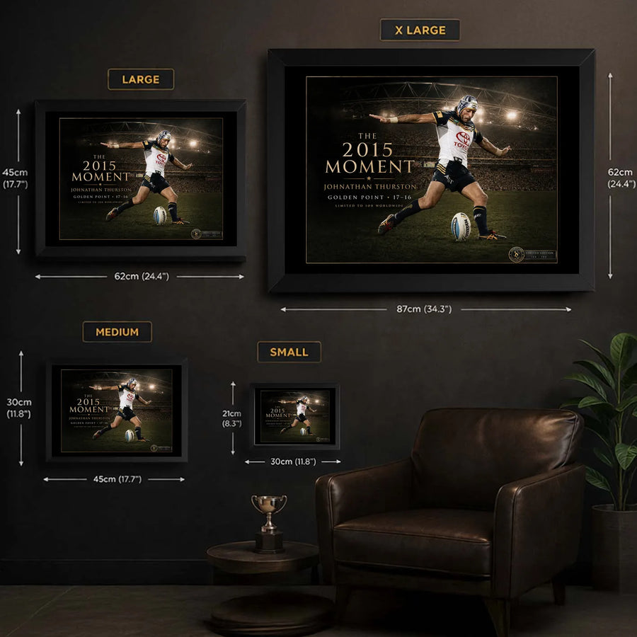 Jonathan Thurston wall art size guide showing the available framed dimensions from small through extra large.