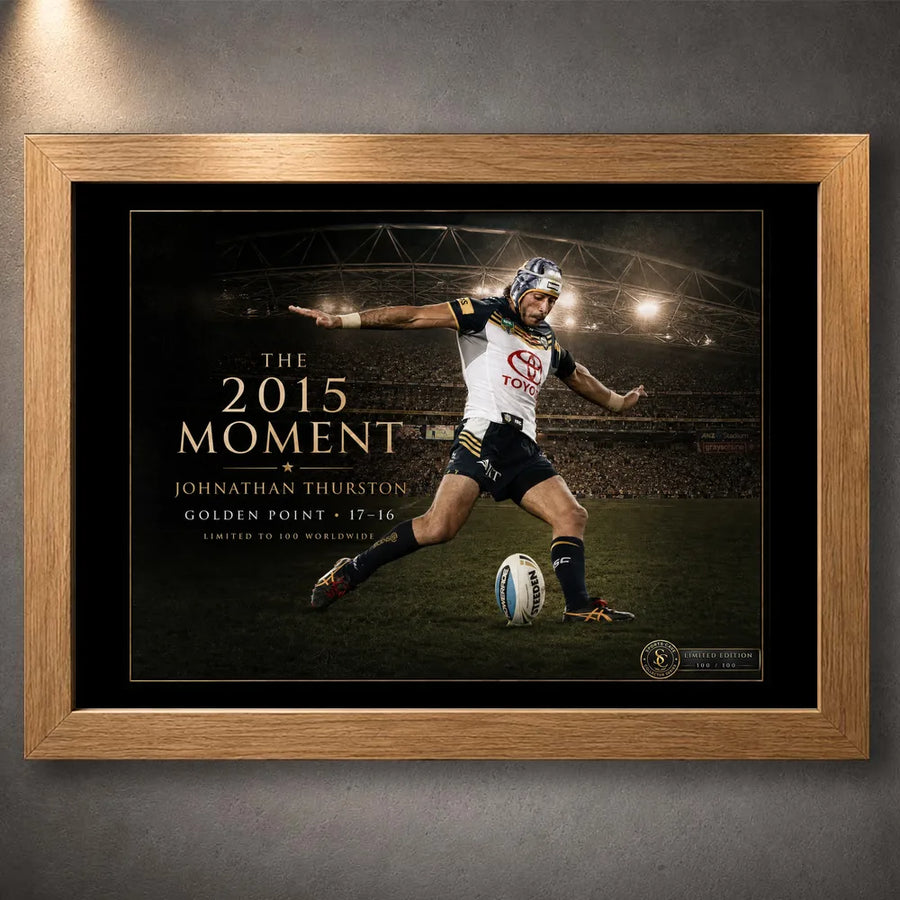 Oak framed Jonathan Thurston rugby league wall art featuring The 2015 Moment stadium scene and golden-point kick.
