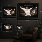David Beckham framed wall art size guide showing small, medium, large and extra large options.