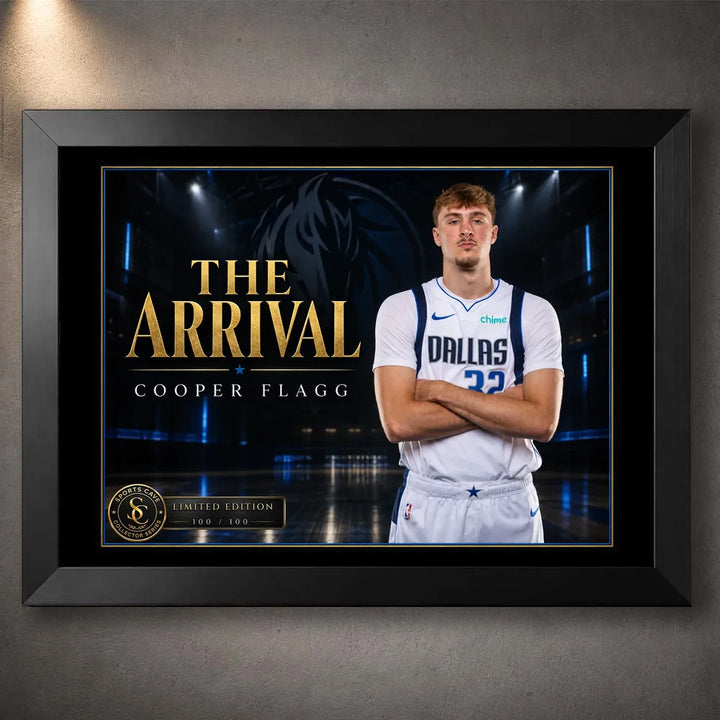 Black framed Cooper Flagg basketball wall art featuring The Arrival design against a dark arena-style backdrop.
