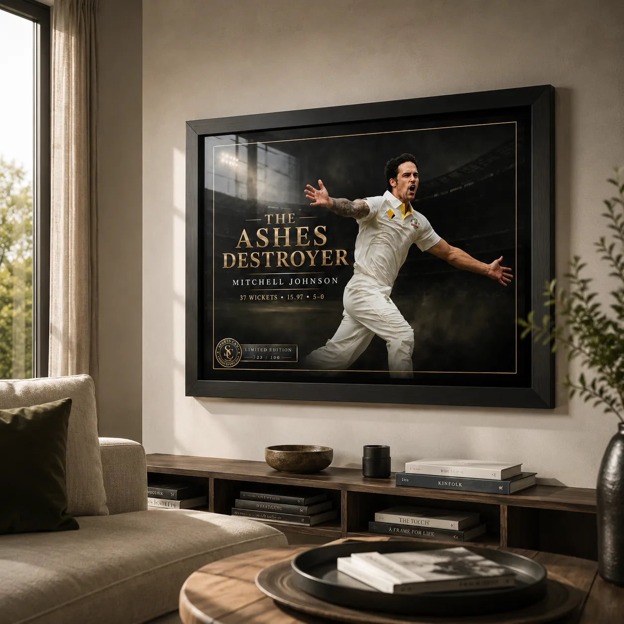 Mitchell Johnson wall art displayed in a warm living room above a timber console beside a window and neutral seating.