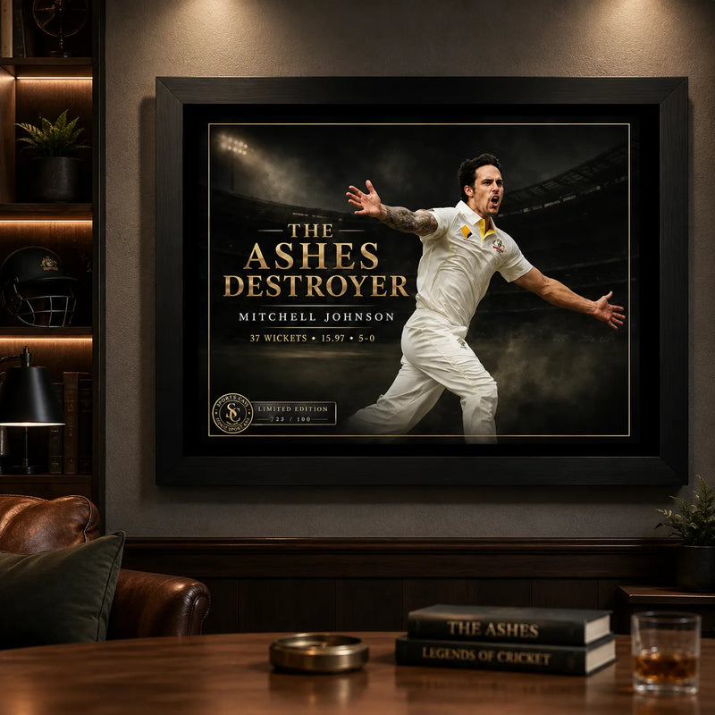 Mitchell Johnson wall art displayed in a dark cricket-themed man cave with shelving, leather seating and warm lighting.