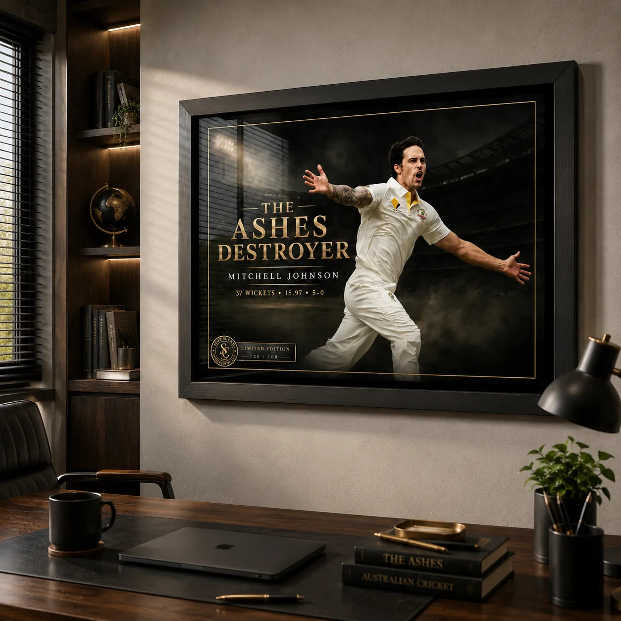Mitchell Johnson cricket wall art displayed in a home office above a timber desk with dark shelving and warm lighting.