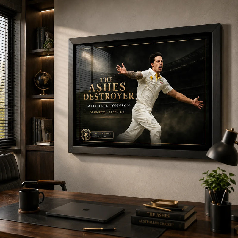 Mitchell Johnson cricket wall art displayed in a home office above a timber desk with dark shelving and warm lighting.