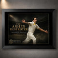 Black framed Mitchell Johnson cricket wall art featuring The Ashes Destroyer design for a sports room or collector wall.