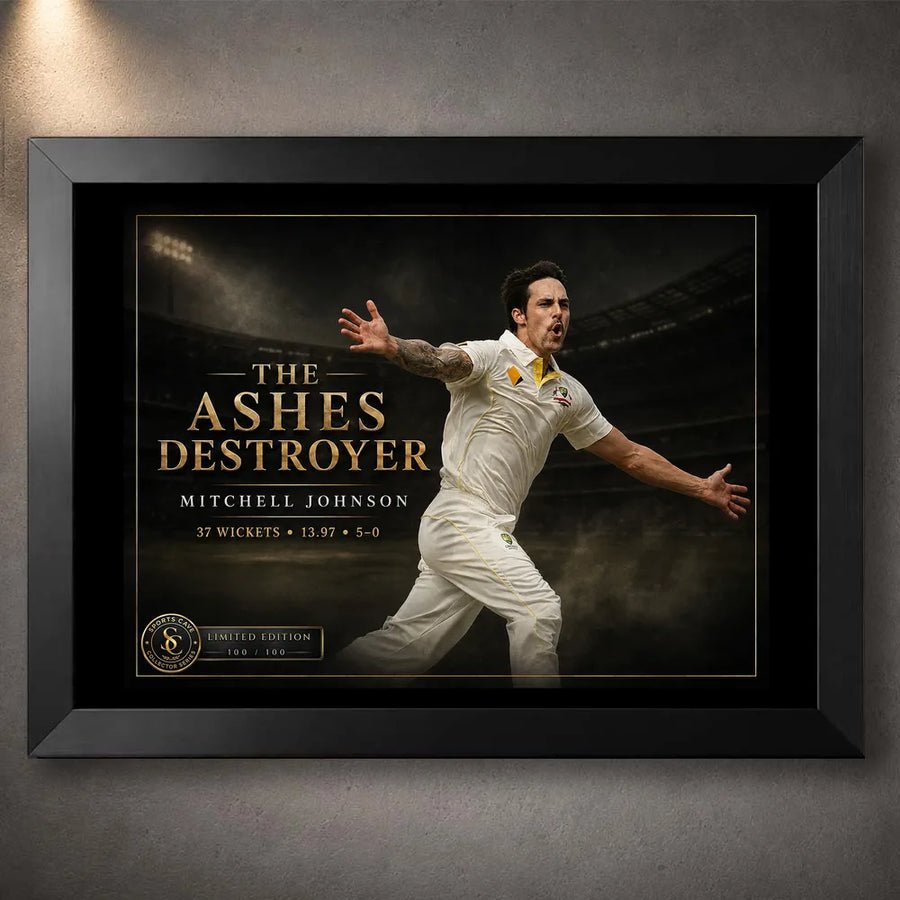 Black framed Mitchell Johnson cricket wall art featuring The Ashes Destroyer design for a sports room or collector wall.