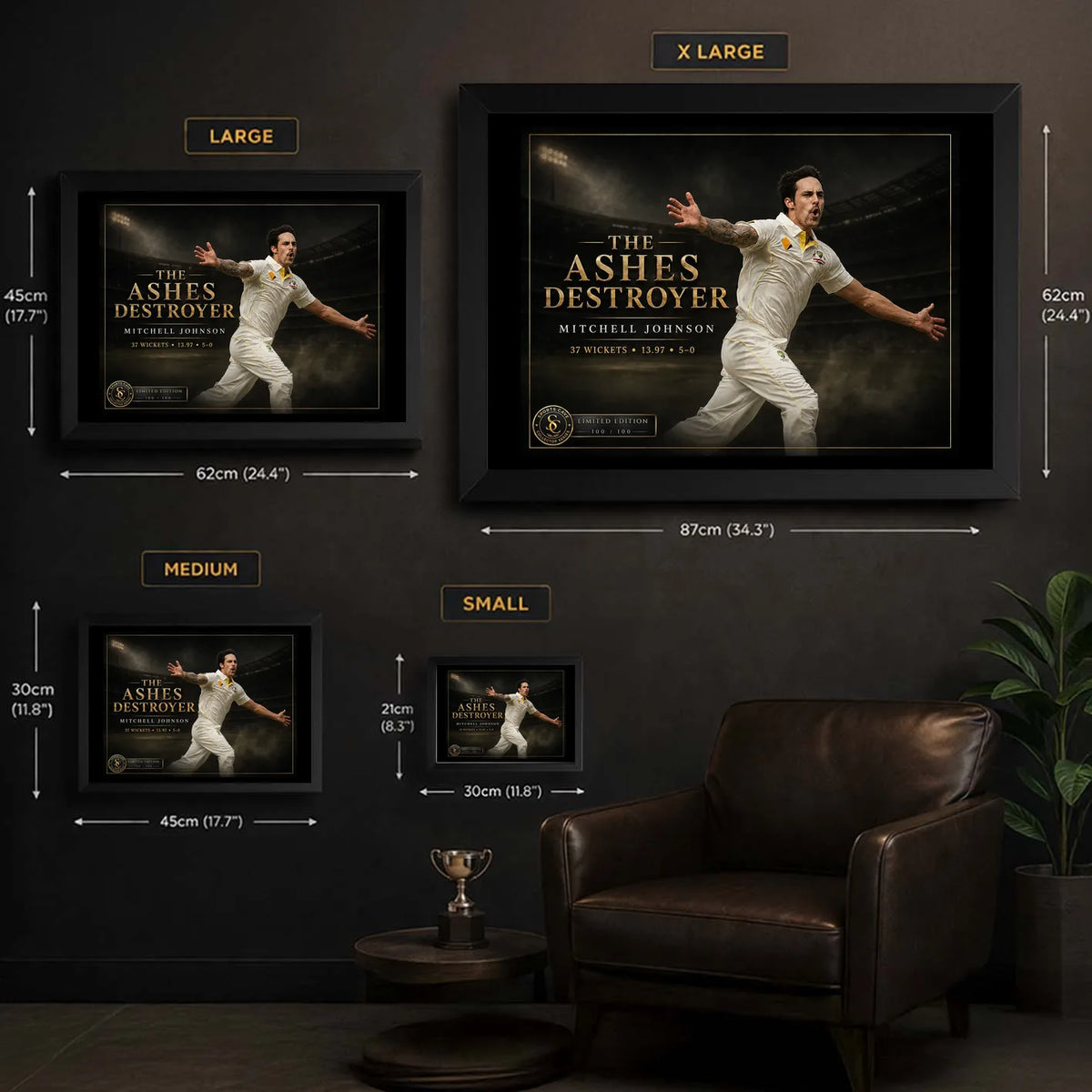 Mitchell Johnson wall art size guide showing the available framed dimensions from small through extra large.