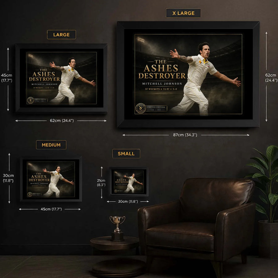 Mitchell Johnson wall art size guide showing the available framed dimensions from small through extra large.