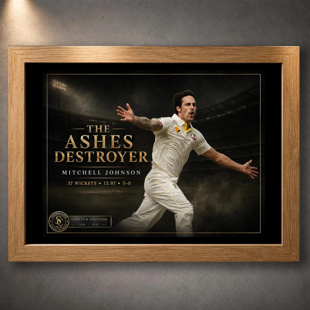 Oak framed Mitchell Johnson cricket wall art featuring The Ashes Destroyer design against a dark stadium background.