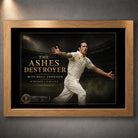 Oak framed Mitchell Johnson cricket wall art featuring The Ashes Destroyer design against a dark stadium background.