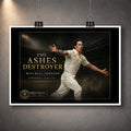 Unframed Mitchell Johnson cricket wall art featuring The Ashes Destroyer design with a dark stadium background.