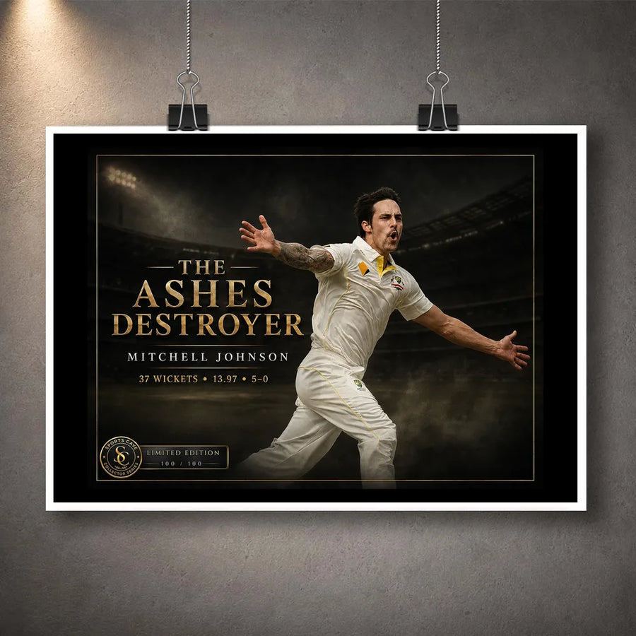 Unframed Mitchell Johnson cricket wall art featuring The Ashes Destroyer design with a dark stadium background.