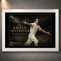 White framed Mitchell Johnson cricket wall art featuring The Ashes Destroyer design against a dark stadium background.