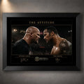 The Attitude Stone Cold vs The Rock wall art in a black frame, showing their intense face-off against a wrestling arena backdrop.
