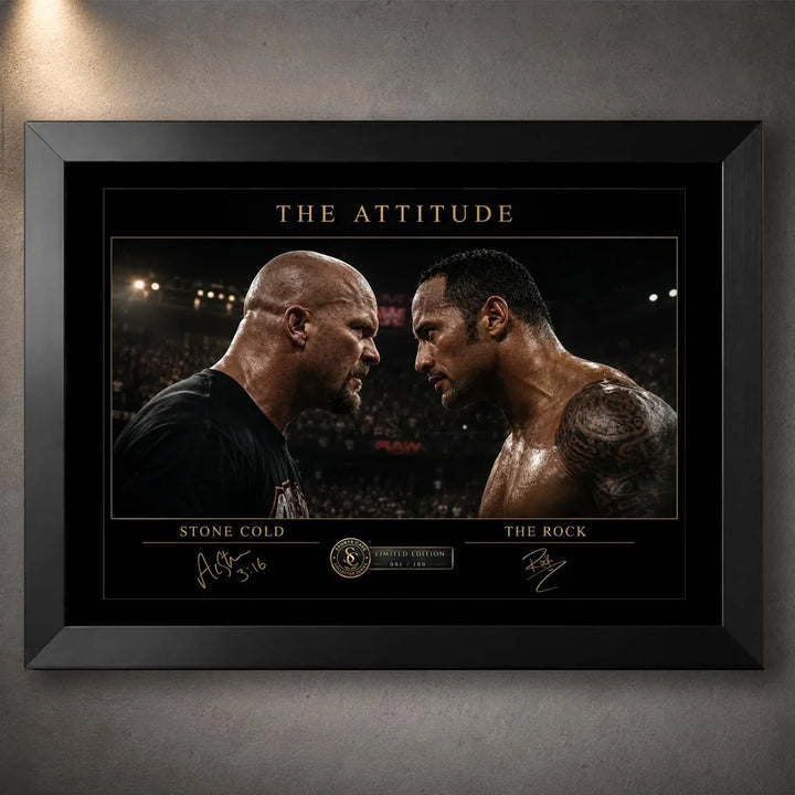 The Attitude Stone Cold vs The Rock wall art in a black frame, showing their intense face-off against a wrestling arena backdrop.