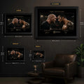 The Attitude Stone Cold vs The Rock wall art size guide showing the four framed dimensions from Small to X Large.