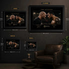 The Attitude Stone Cold vs The Rock wall art size guide showing the four framed dimensions from Small to X Large.