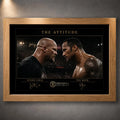 The Attitude Stone Cold vs The Rock wall art in an oak frame, featuring their face-to-face wrestling rivalry design.