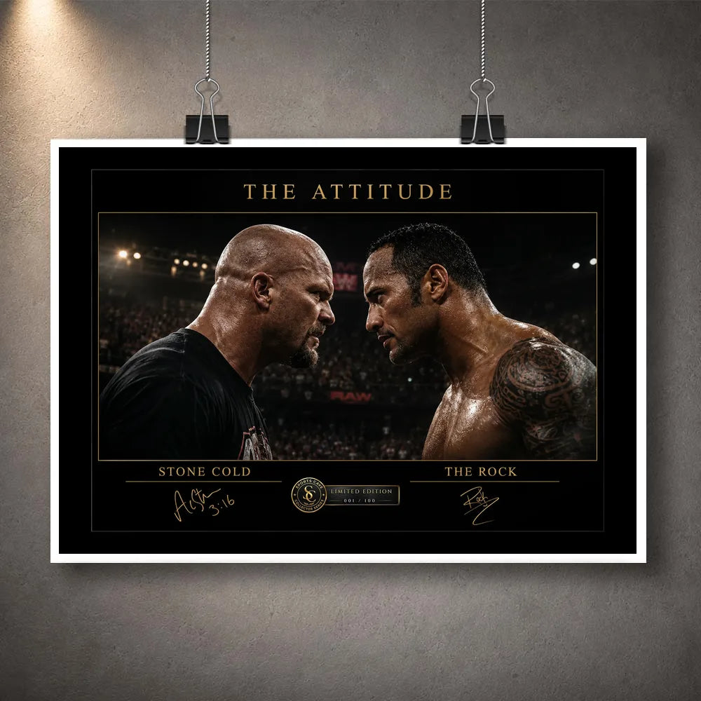 The Attitude Stone Cold vs The Rock unframed wall art print, showing their intense face-off with a clean white border.