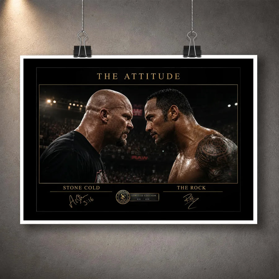 The Attitude Stone Cold vs The Rock unframed wall art print, showing their intense face-off with a clean white border.