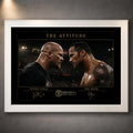 The Attitude Stone Cold vs The Rock wall art in a white frame, featuring their dramatic face-to-face wrestling design.