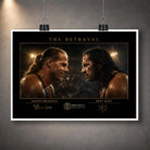 Unframed The Betrayal Shawn Michaels vs Bret Hart wrestling wall art print shown clipped against a textured grey wall.