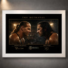 White framed The Betrayal Shawn Michaels vs Bret Hart wrestling wall art with both rivals facing off beneath arena lighting.