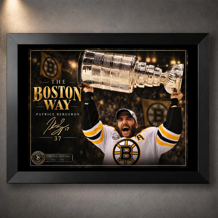 Black framed Patrice Bergeron hockey wall art featuring The Boston Way design with the Cup raised in celebration.