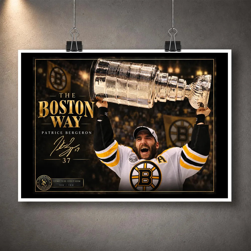 Unframed Patrice Bergeron hockey wall art design featuring The Boston Way artwork and raised Cup celebration.